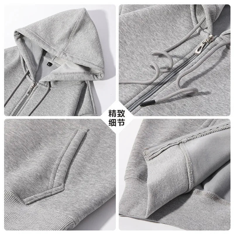 Men's plus size zipper hooded sweater in charcoal grey, showing front zipper and top stitching pockets