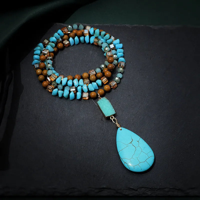 Blue turquoise water drop pendant necklace with mixed gem inlay on ball bead chain