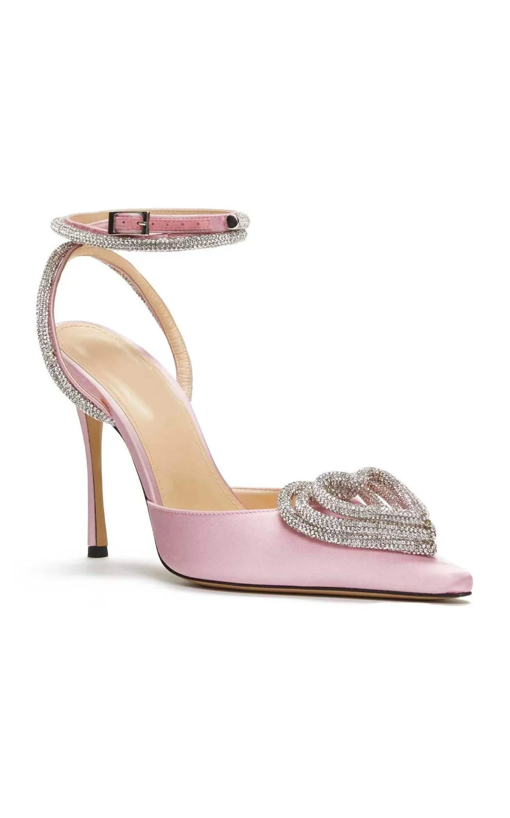 Women's black satin sandals with a heart-shaped rhinestone and pointed toe, showing the adjustable cross-strap fastening.