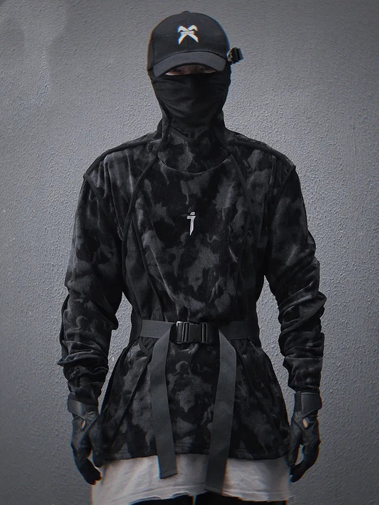 Man wearing a black and grey tie-dye print pullover sweater with loose fit and long sleeves.
