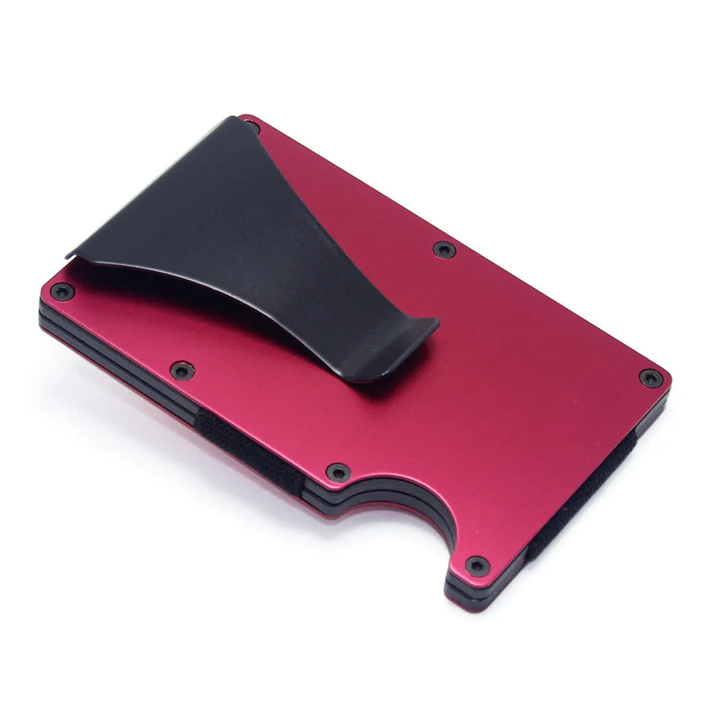 Geometric aluminium carbon fibre card holder with 8mm thickness showing black silver red colour options