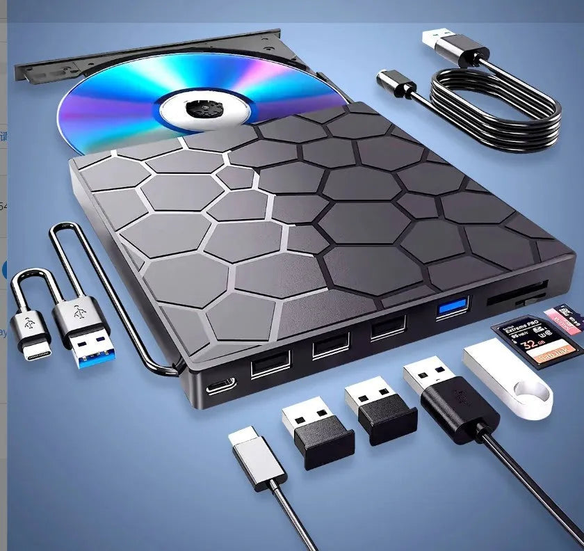 Black external USB CD drive and writer with compact rectangular design for laptops and desktop computers