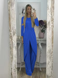 Casual long sleeve polyester two-piece lounge set in black, shown with loose round neck top and trousers.