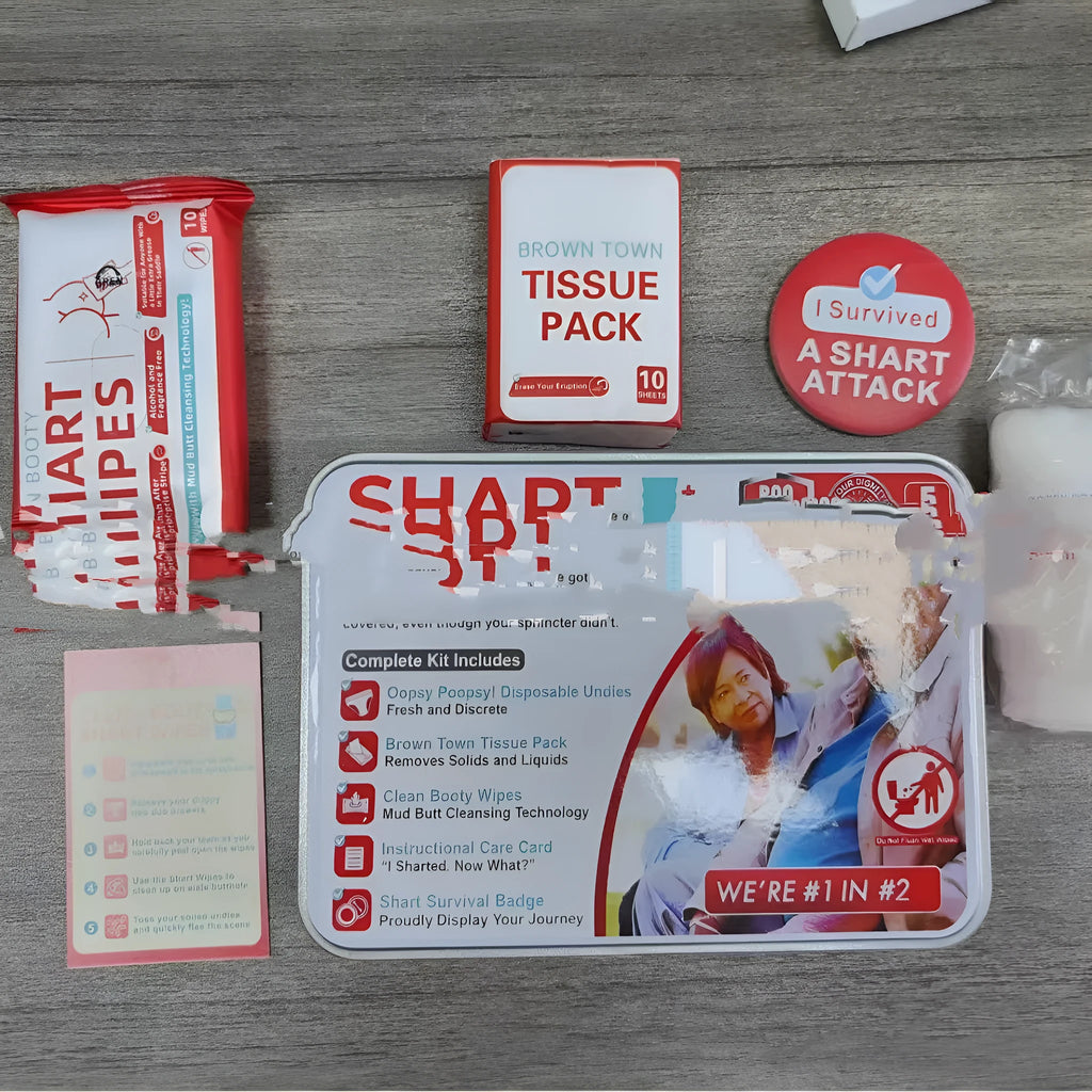 Poop Gift Set Survival Kit with wet wipes, dry wipes, disposable underwear, badge, and instruction card in an aircraft box.