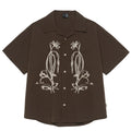 Brown striped quick-drying outdoor shirt with Cuban collar and short sleeves