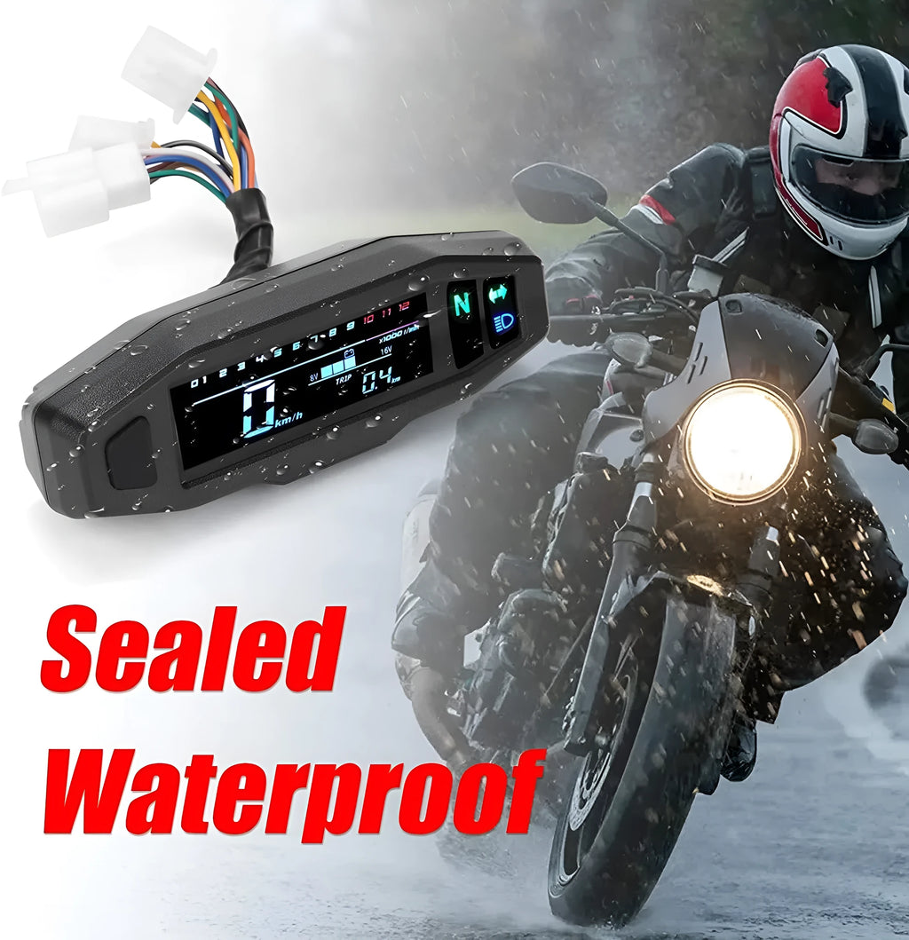 Black motorcycle mini speedometer with LCD display showing speed and oil gauge indicators