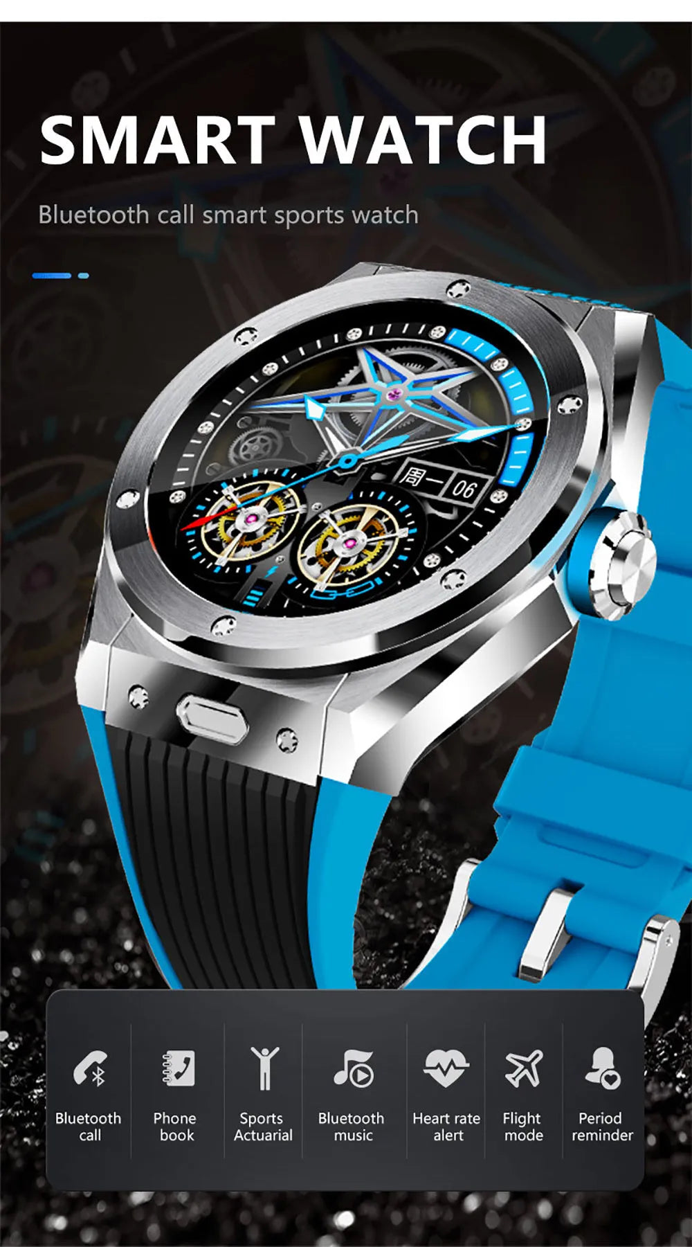 mv58 smart watch in black with Bluetooth calling, heart rate monitor, and silicone sport strap on wrist