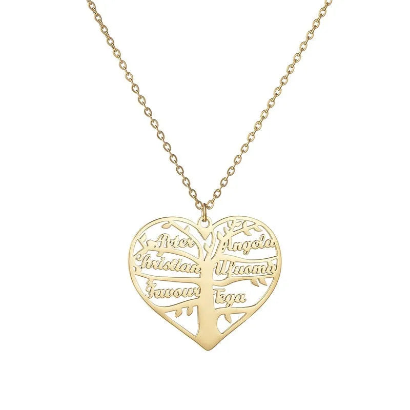 Personalised stainless steel necklace with hollow heart and family tree pendant customised with names.