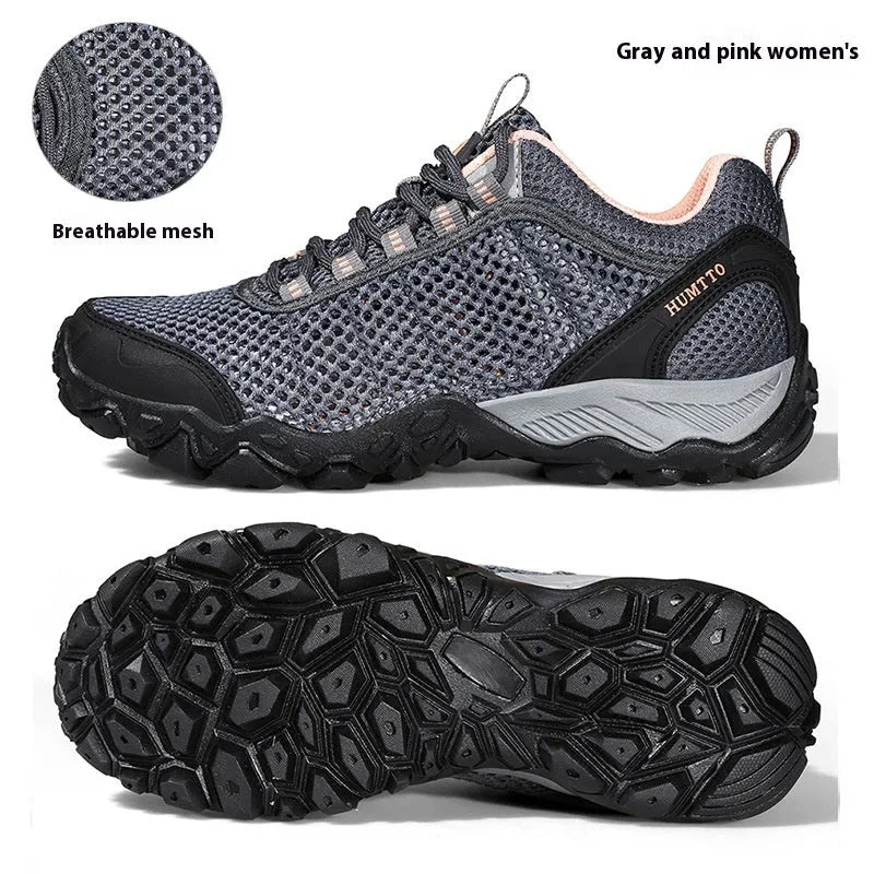 Breathable lightweight non-slip outdoor climbing boots with leather mesh upper and MD sole in sand colour for men