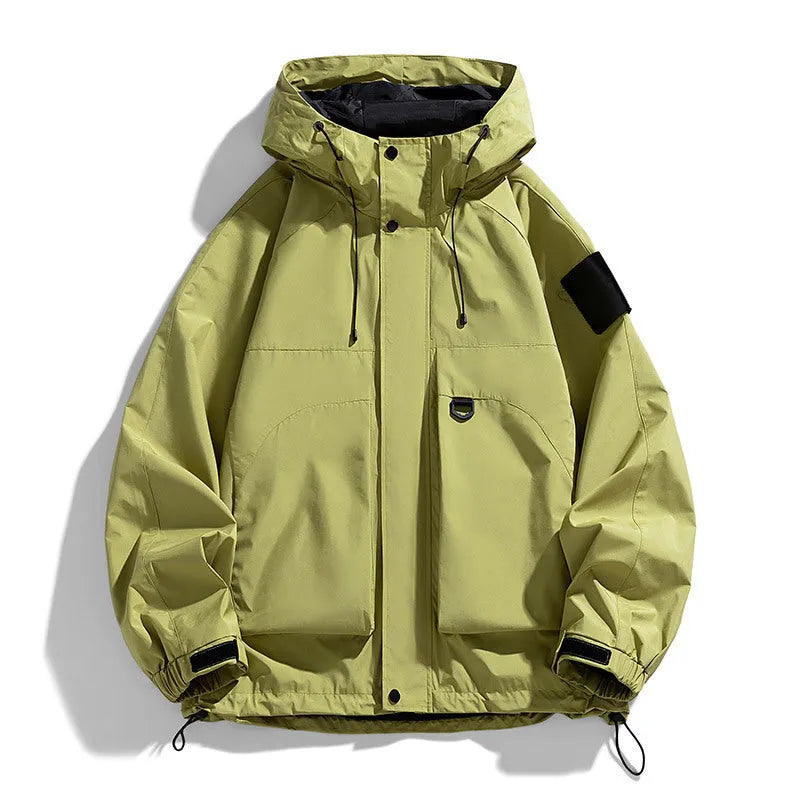 Men's waterproof windproof hooded jacket in black purple ginger yellow colours showing front view
