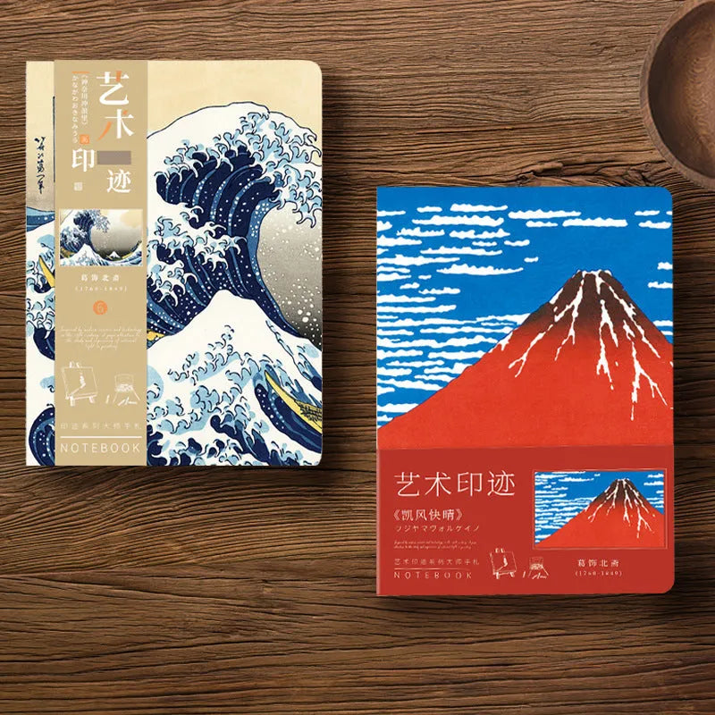 Ukiyo-e Kanagawa surfing village retro hand ledger notebook open on a desk.