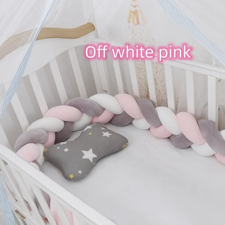 Baby crib bumper braid knot pillow cushion in spandex velvet, shown in a light grey colour