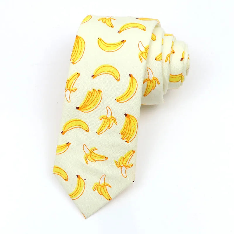 Narrow Korean-style cotton bow tie with a printed cartoon pattern.