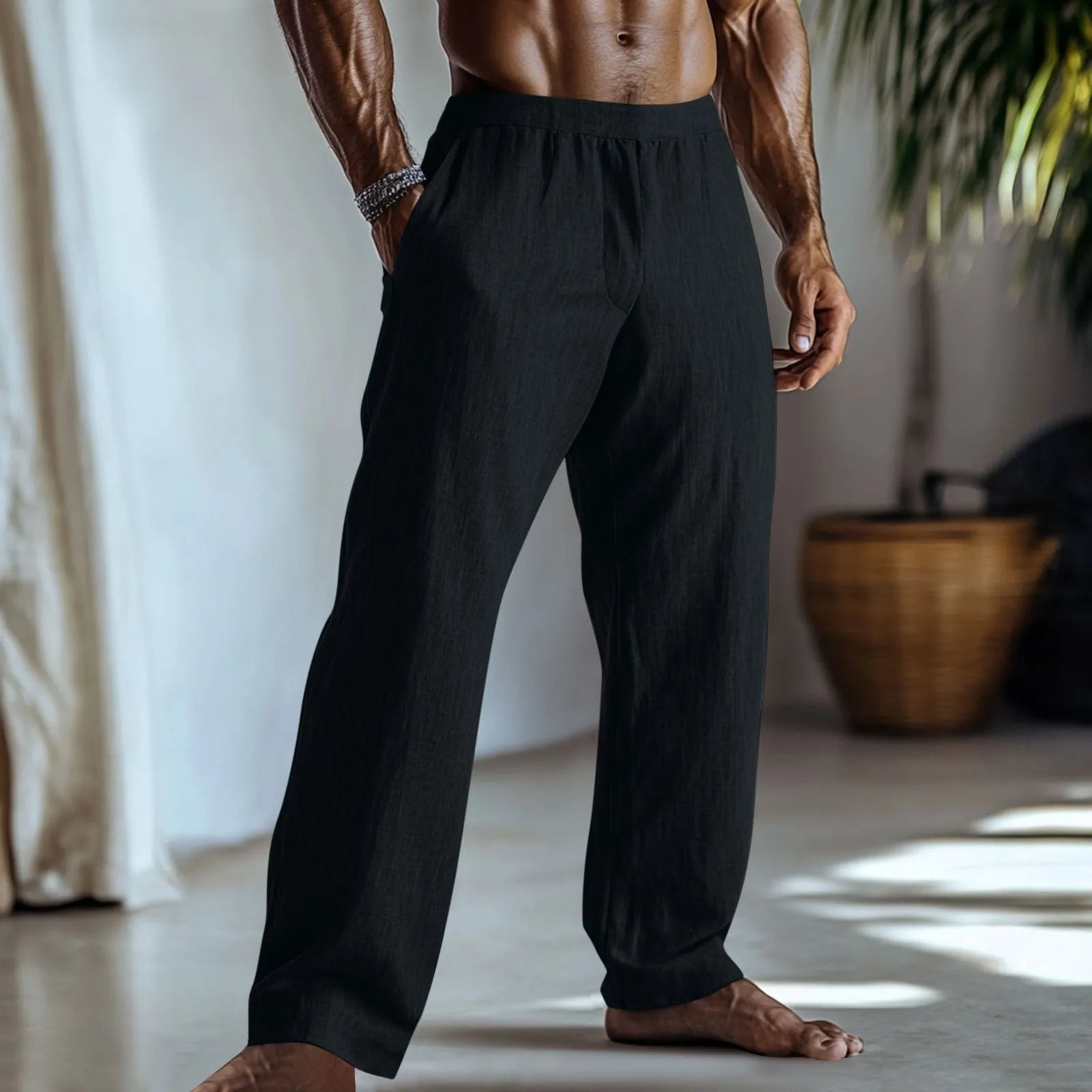 Straight-leg cotton linen casual trousers in various solid colours on a hanger.
