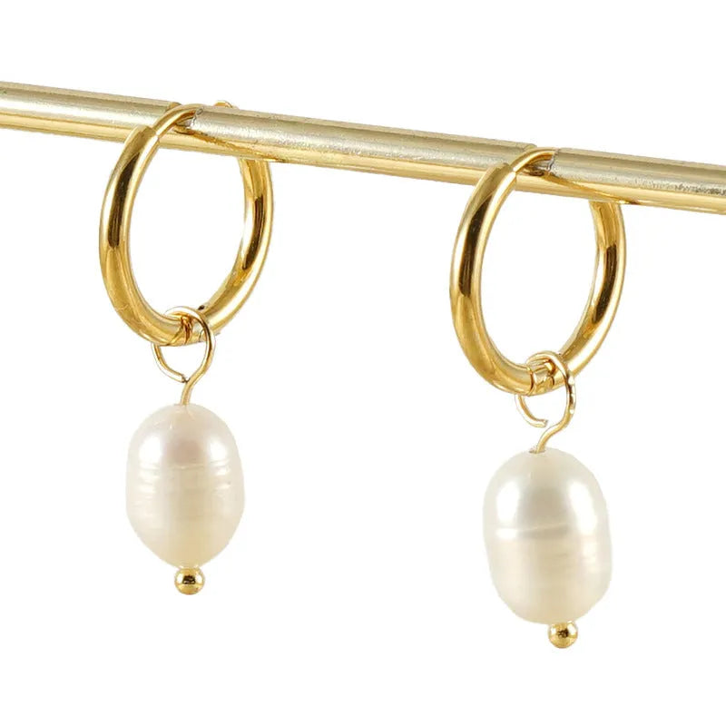 Gold stainless steel geometric earrings with freshwater pearl and titanium posts