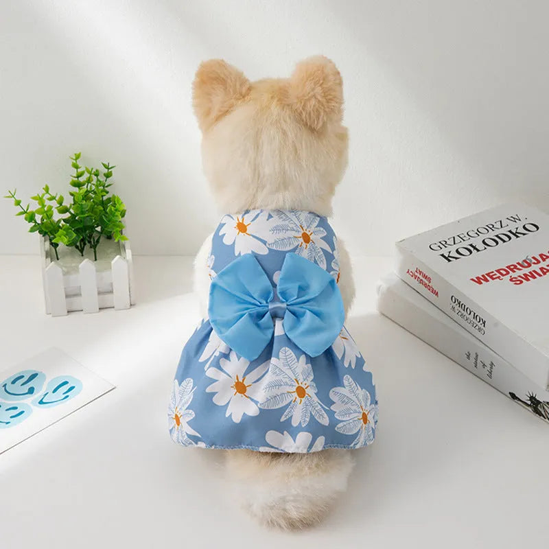 Ultra-thin summer pet dress for dog or cat with decorative floral butterfly knot bow.