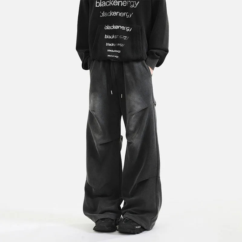 Men's American washed cotton pleated straight loose sweatpants in black with elastic waist