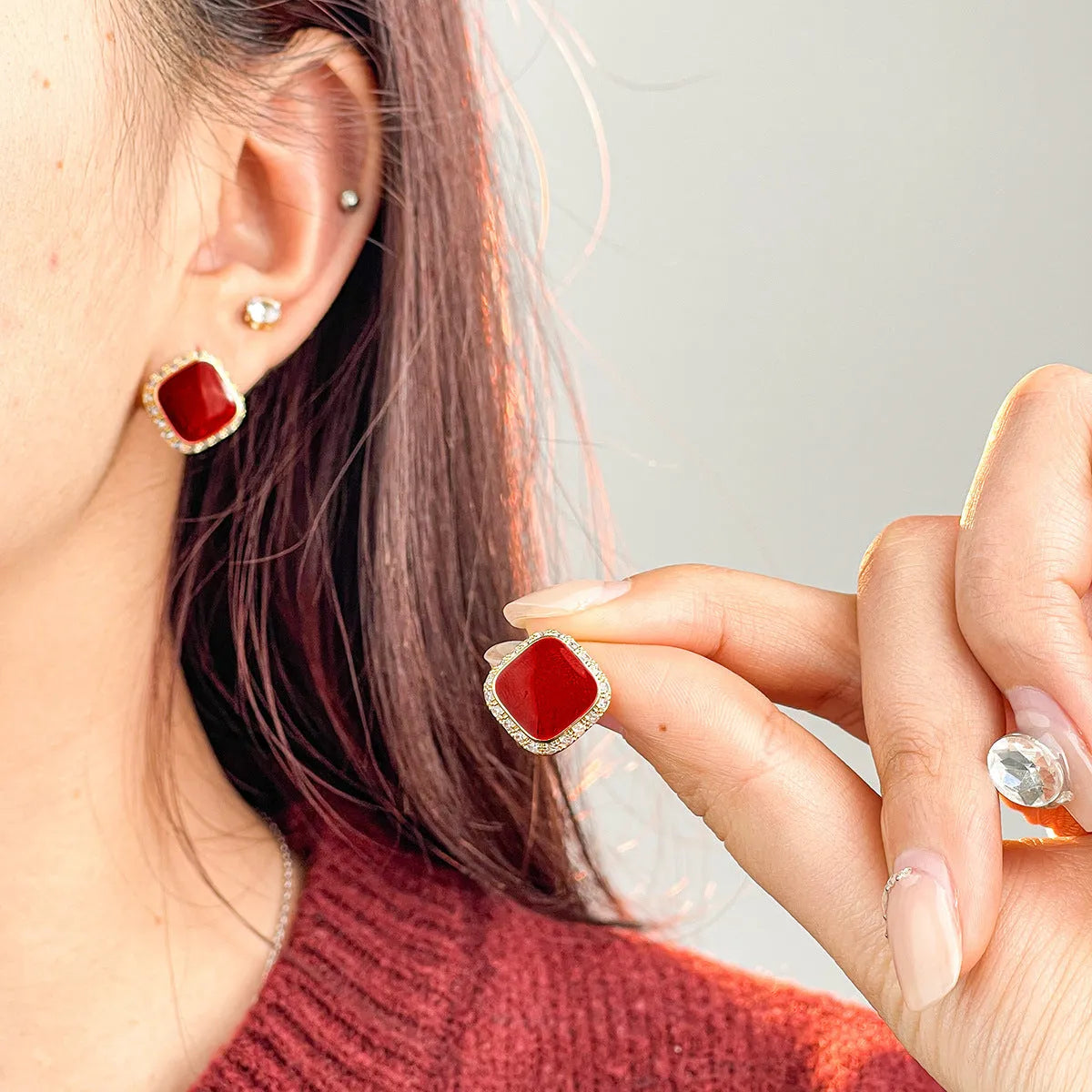 Retro red geometric square earrings with alloy construction and sweet cool style