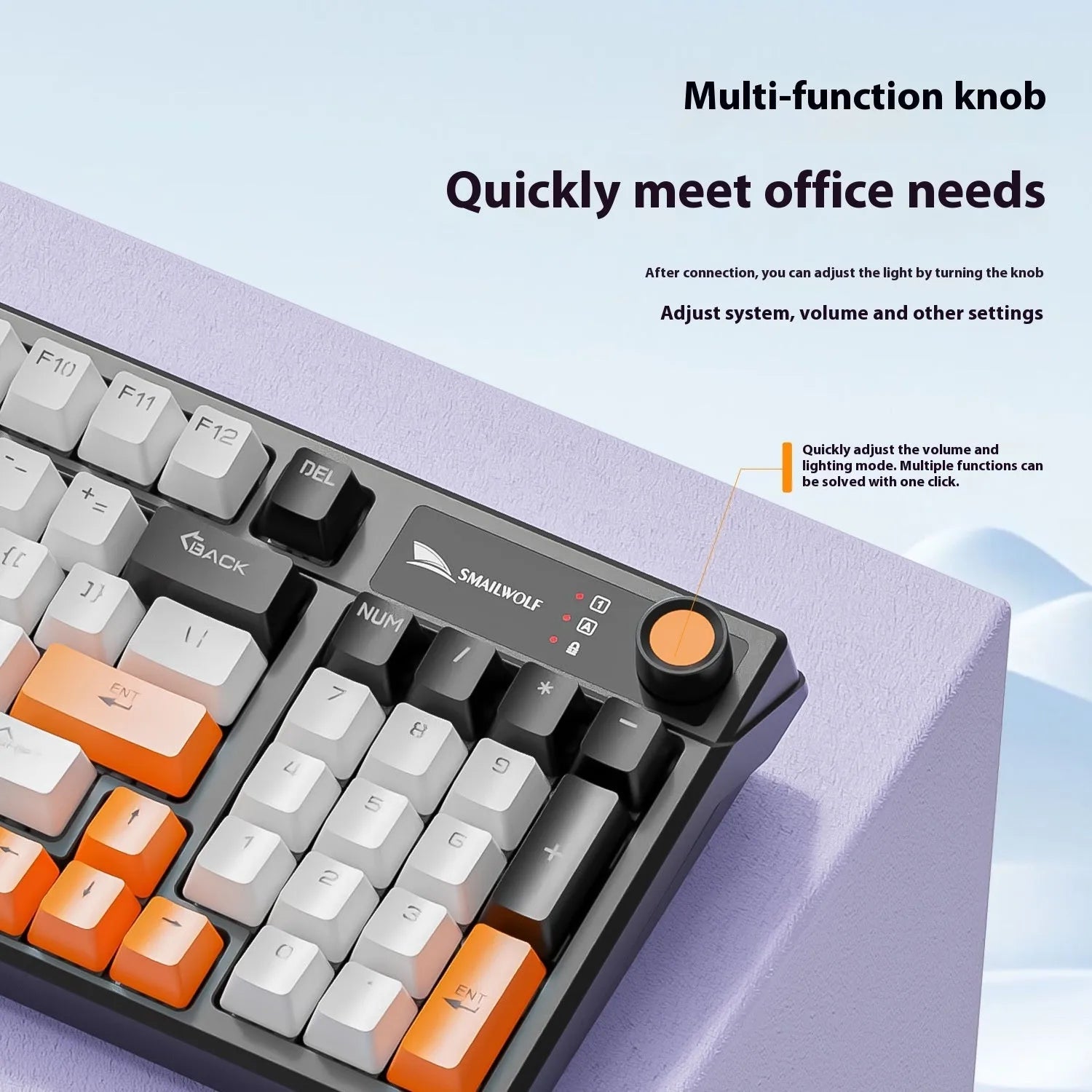 SK15 wired mechanical gaming keyboard with control knob in Autumn Water Blue colour on desk beside laptop