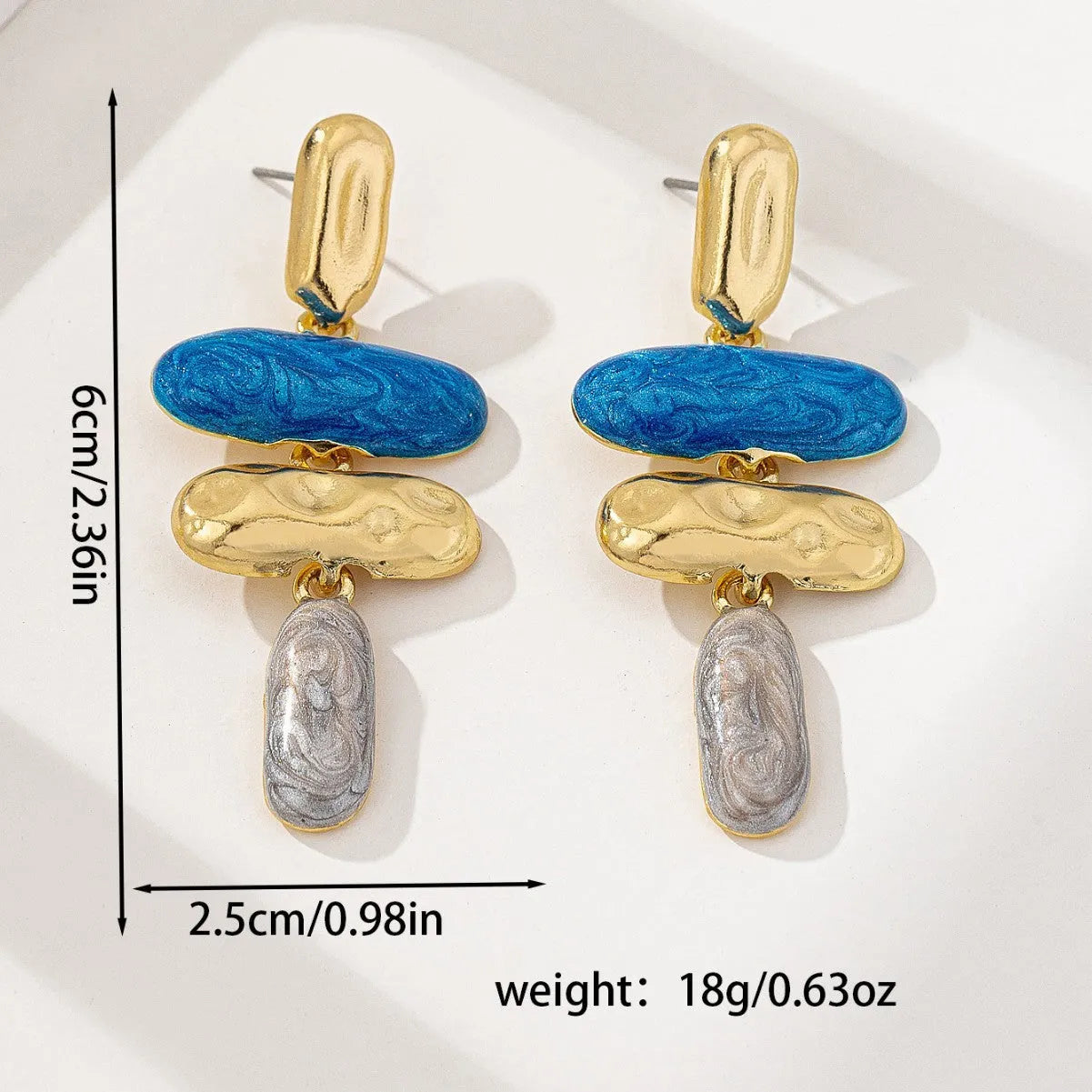 Geometry shape stud earrings with electroplated multicolour finish on zinc alloy
