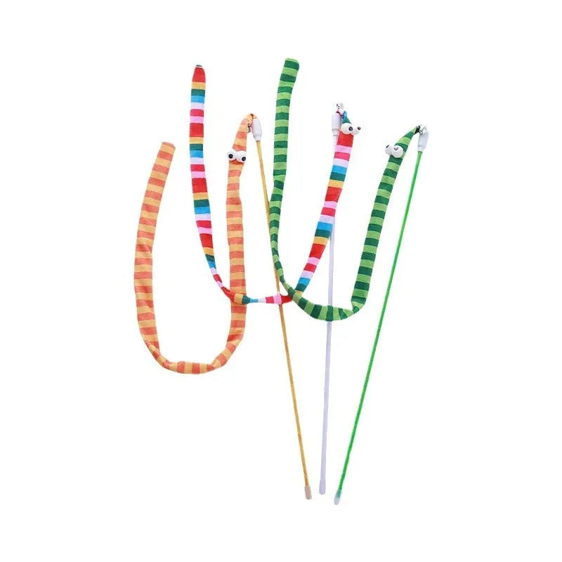 Cat wand toy with polycarbonate handle and long plush strip in vivid colours for interactive cat play
