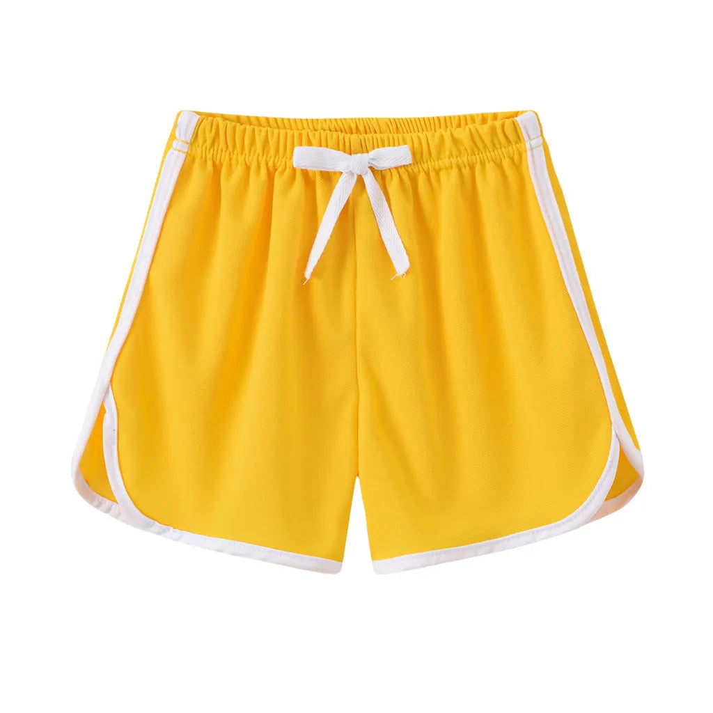 Children's casual polyester shorts in assorted colours and prints like pineapple, kitten, and stripes for beach wear.