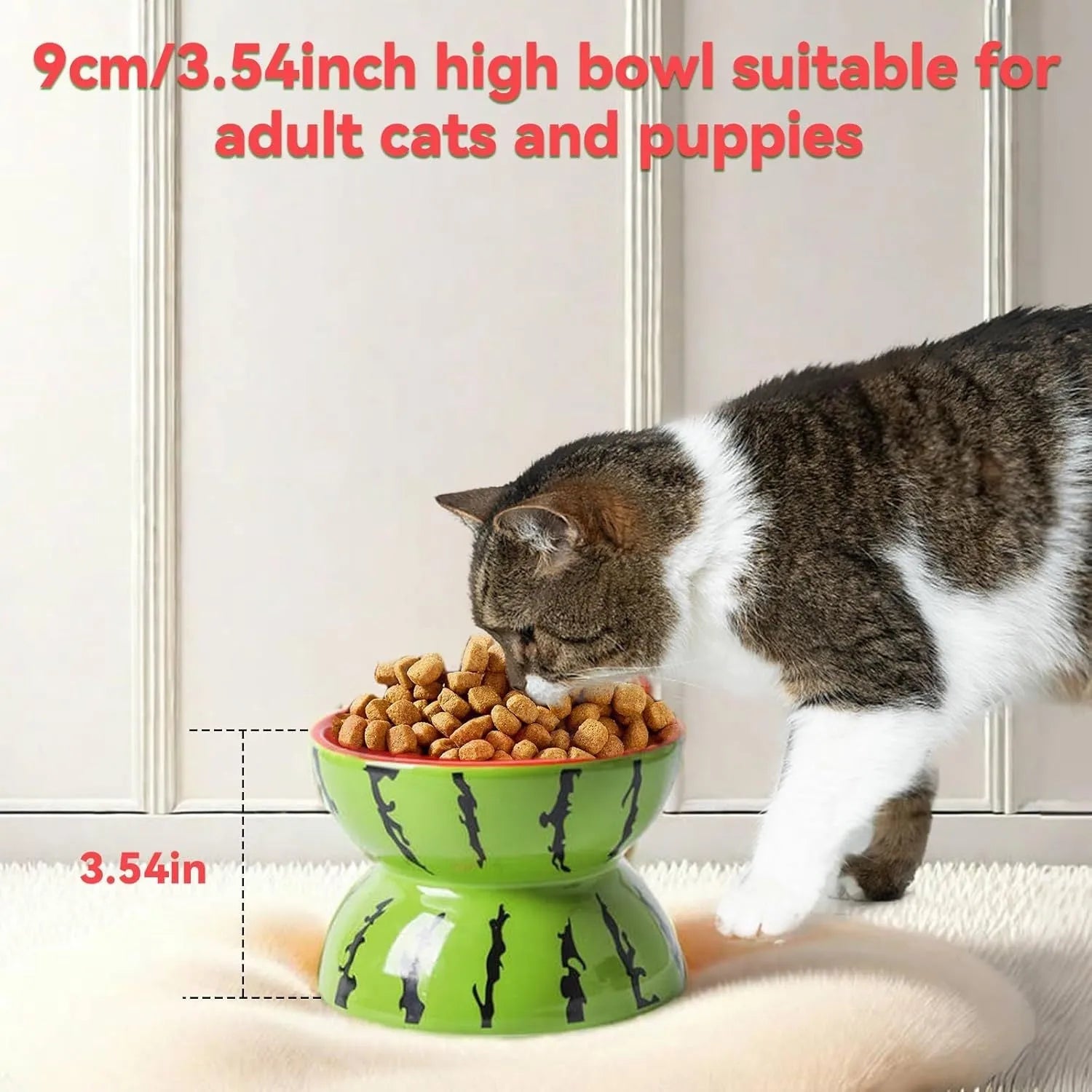 Orange patterned ceramic raised cat bowl with wide tilted dish on non-slip base.