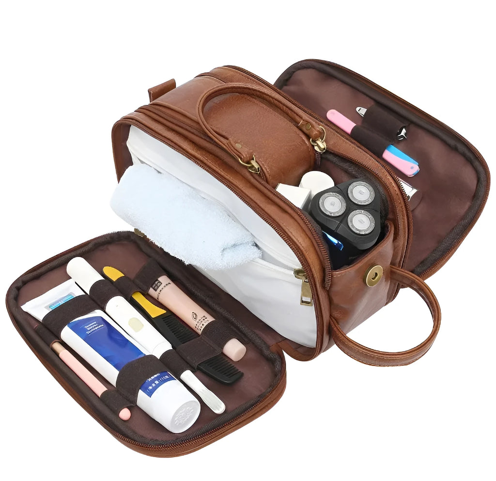 Men's black PU leather toiletry bag with multiple compartments open