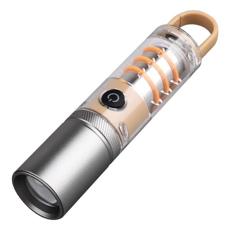 Orange or beige 10W rechargeable LED flashlight with optical zoom and keychain