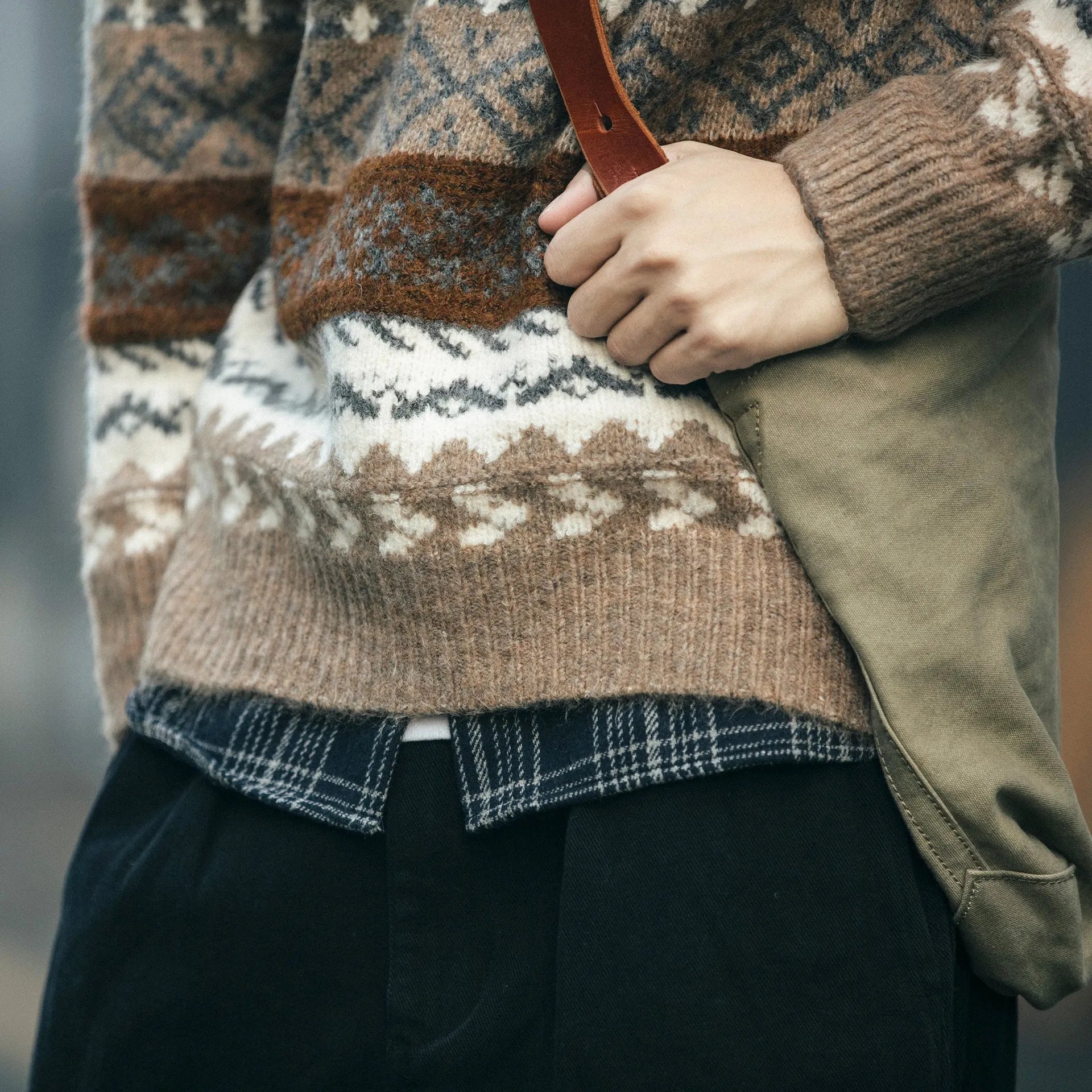Brown polyester fibre mens pullover sweater with printed design and round neck on model
