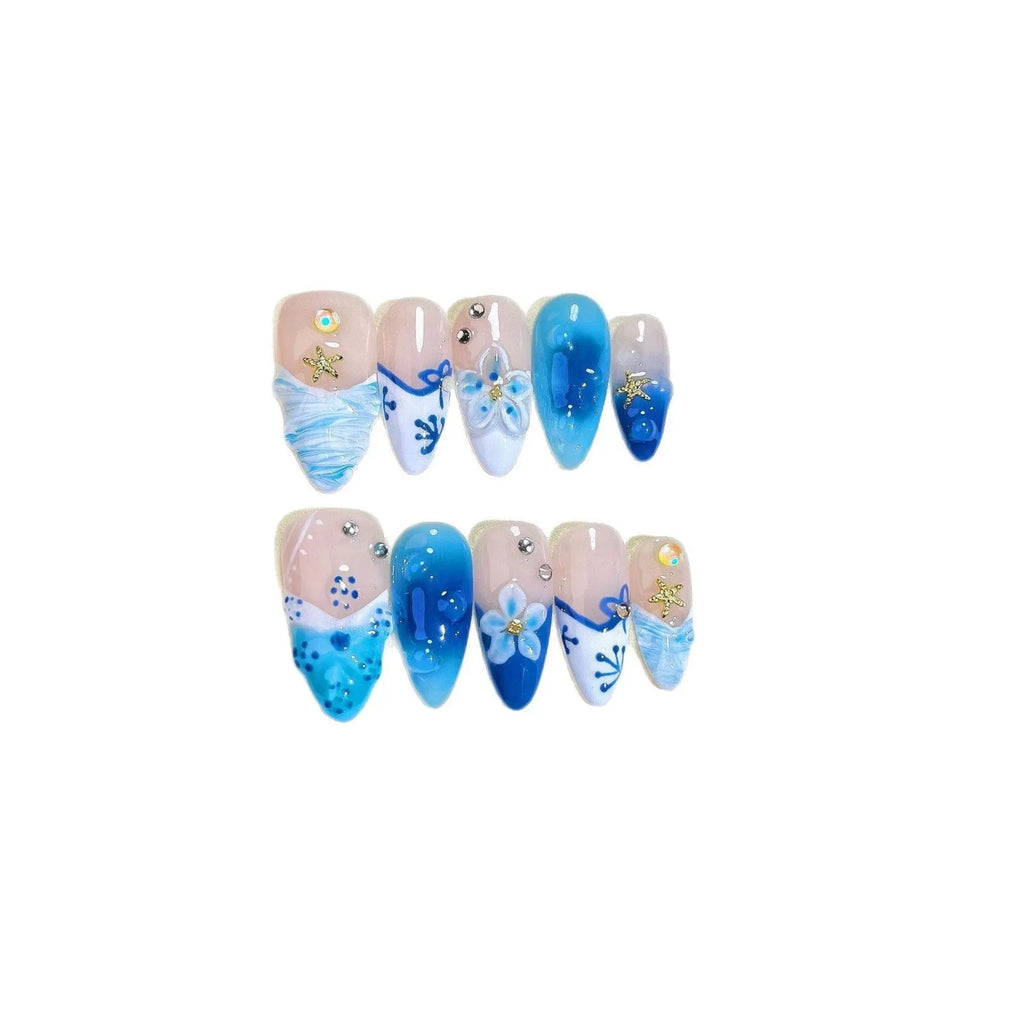 Blue hand-painted carved summer ice transparent fake nails plastic set sizes XS S M L