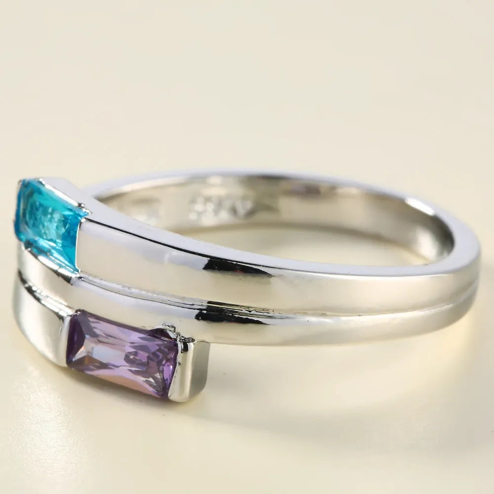 Copper ring with silver electroplating and embedded zircon stones in European sizes