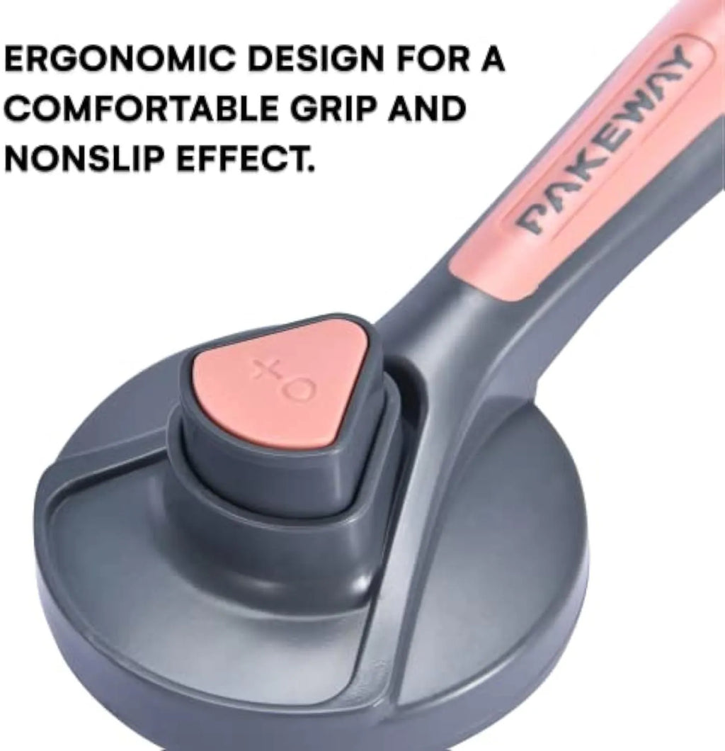 Self-cleaning slicker brush for pets in grey, green, or pink with comfort-grip handle and massage-tip bristles