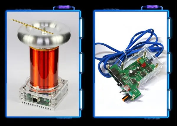 Music Tesla coil driver board unit with controller and cables for 220V high-voltage arc demonstrations.