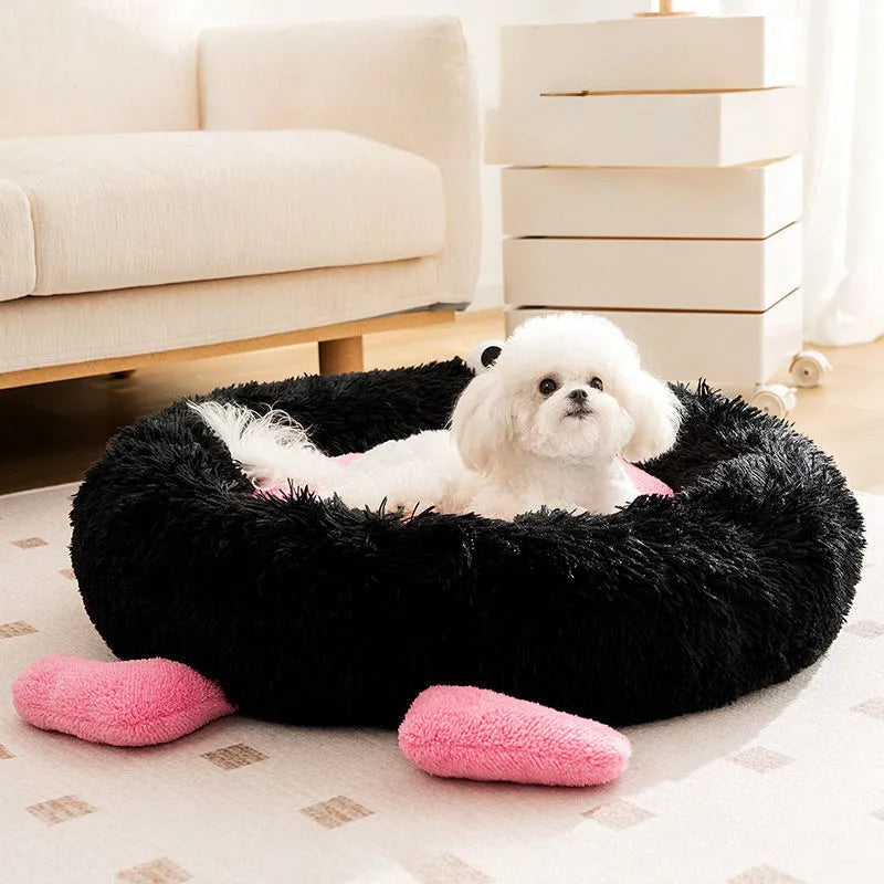 Blue plush kennel sleeping mat with raised edge for pets, shown next to size guide for XS, S, M, L.