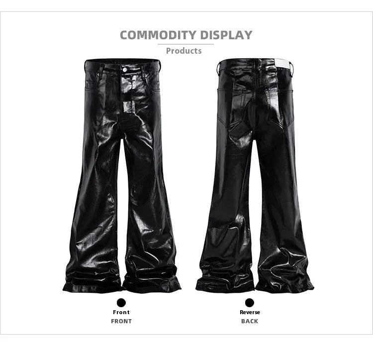 Black women's skinny jeans with a shiny patent leather-like coating and straight-leg fit