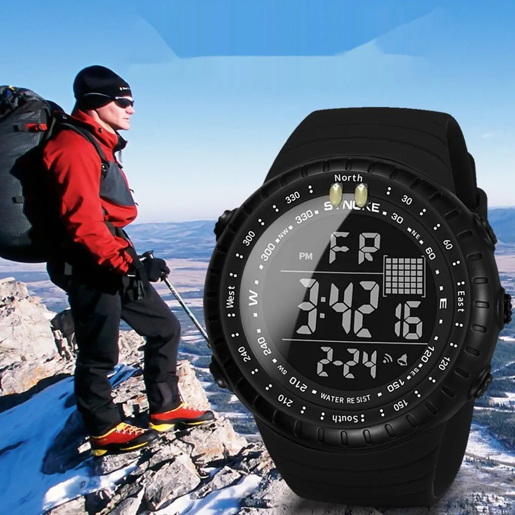 Black waterproof outdoor electronic watch with plastic case and PU strap showing 54.74mm dial