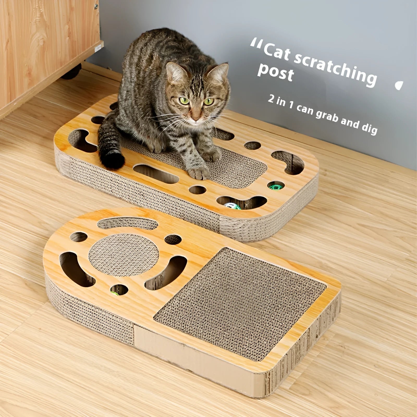 Corrugated paper cat scratching board in multiple shapes with included play ball