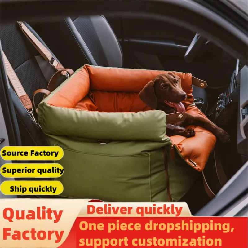 Green waterproof PU leather pet car nest bed for dogs on a car seat.