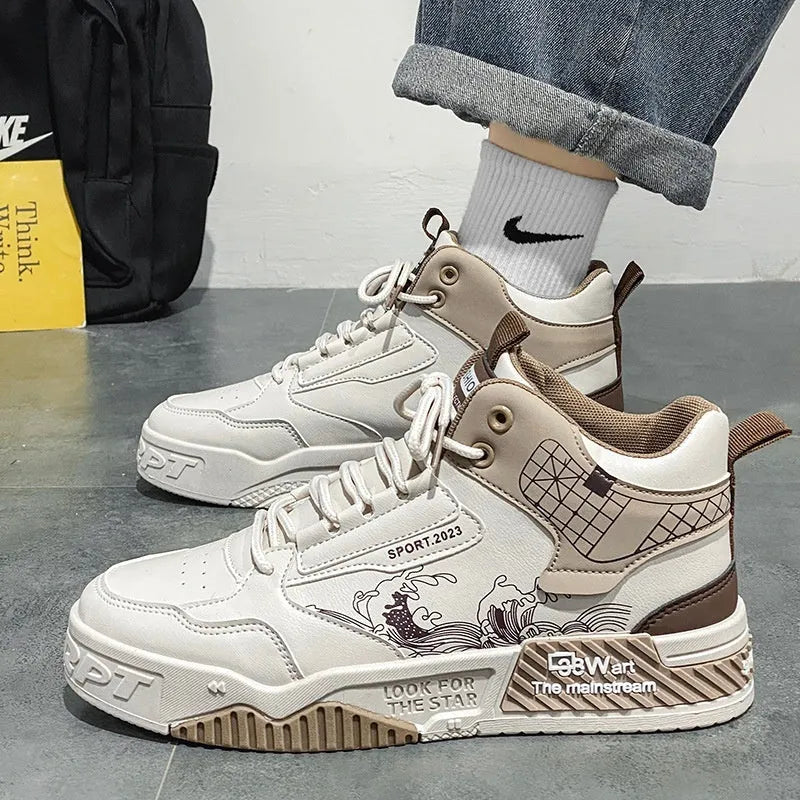 Men's beige high-top board shoes with white rubber sole and lace-up front.