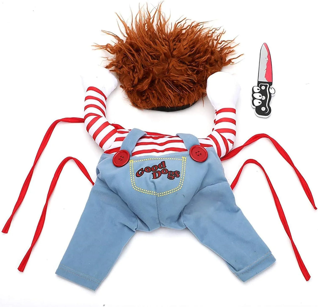 Striped Halloween costume pants and harness set for a dog or cat with a faux knife accessory.