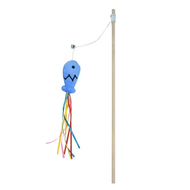 Blue cat wand toy with colourful ribbons, a catnip fish, and a bell on a wooden handle.