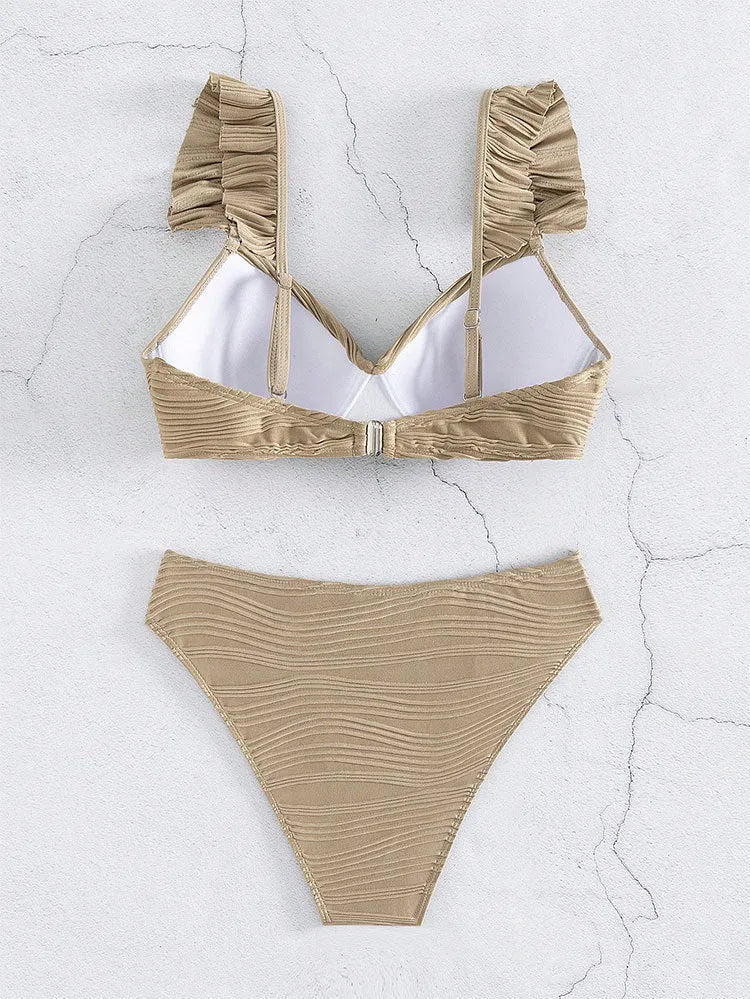 Solid colour women's bikini swimsuit set in black or khaki polyester fabric