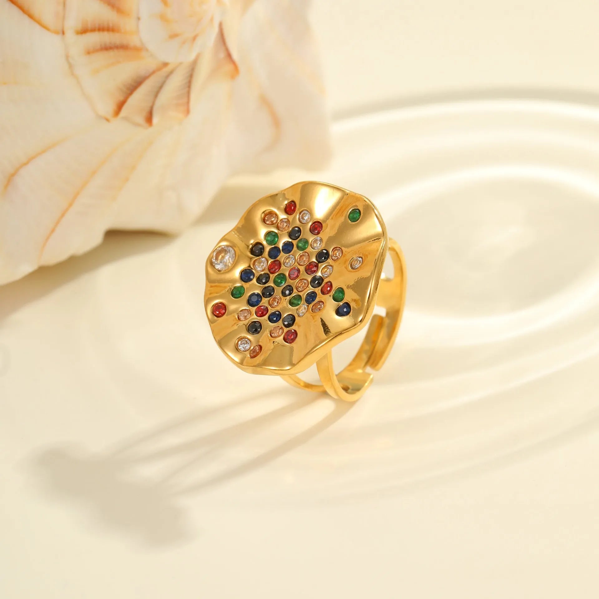 Geometric pleated titanium steel ring with open mouth design and colourful crystal inlays