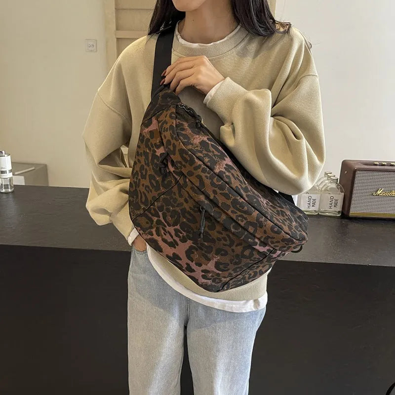 Retro leopard print patchwork canvas chest bag in khaki with soft crossbody design