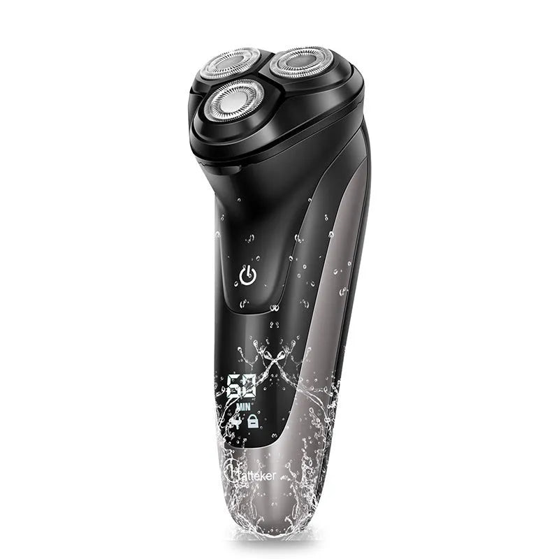 Men's electric shaver kit with three floating heads, pop-up trimmer, USB cable, cleaning brush and storage bag.