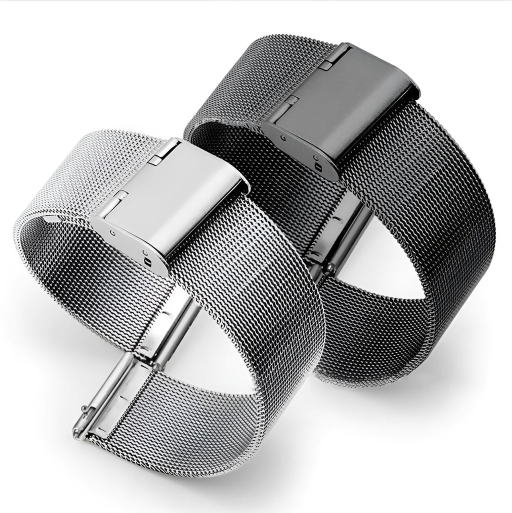 Milani stainless steel watch band with woven silk detail, showing silver, black, rose gold, and gold colour options.