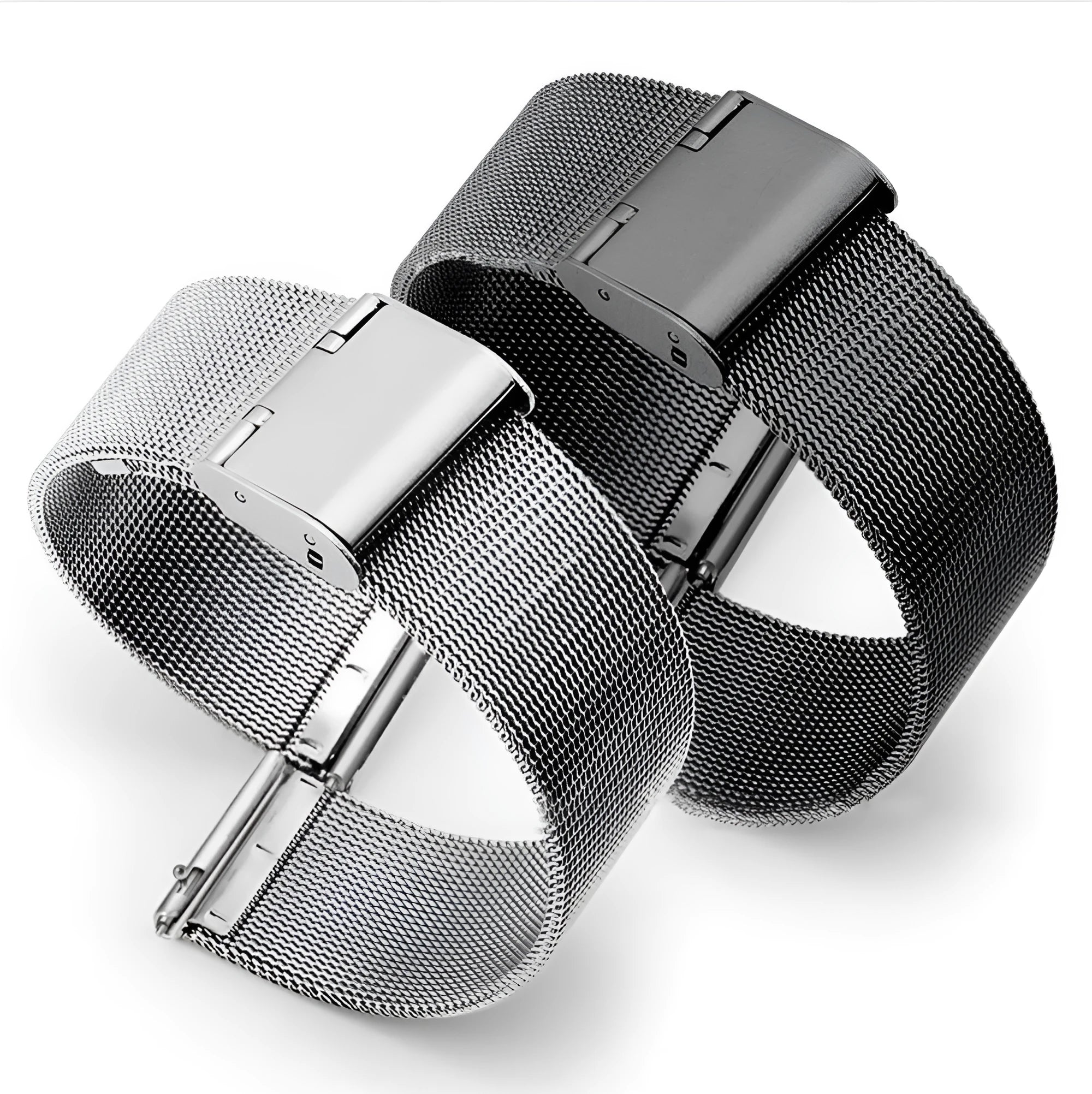 Milani stainless steel watch band with woven silk detail, showing silver, black, rose gold, and gold colour options.
