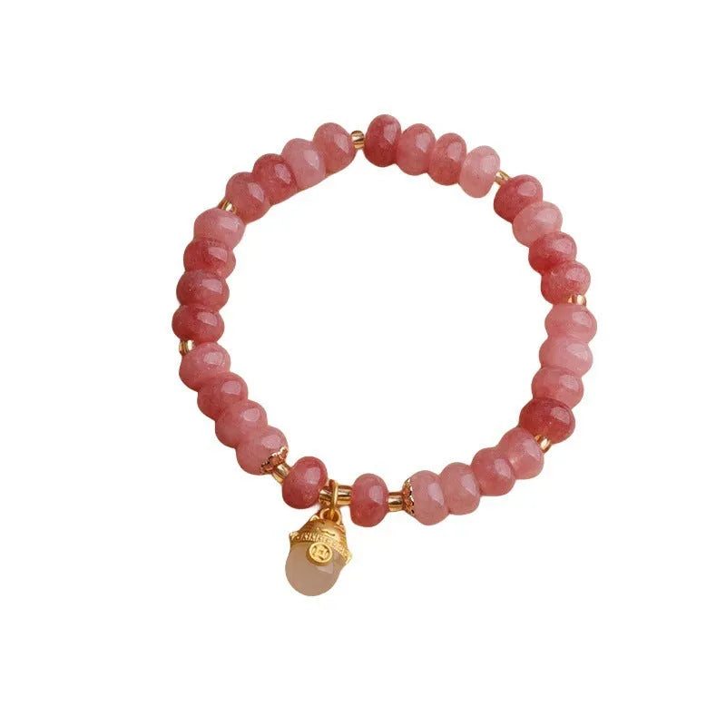 Women's retro strawberry quartz lucky cat bracelet in gray jade colour with animal motif