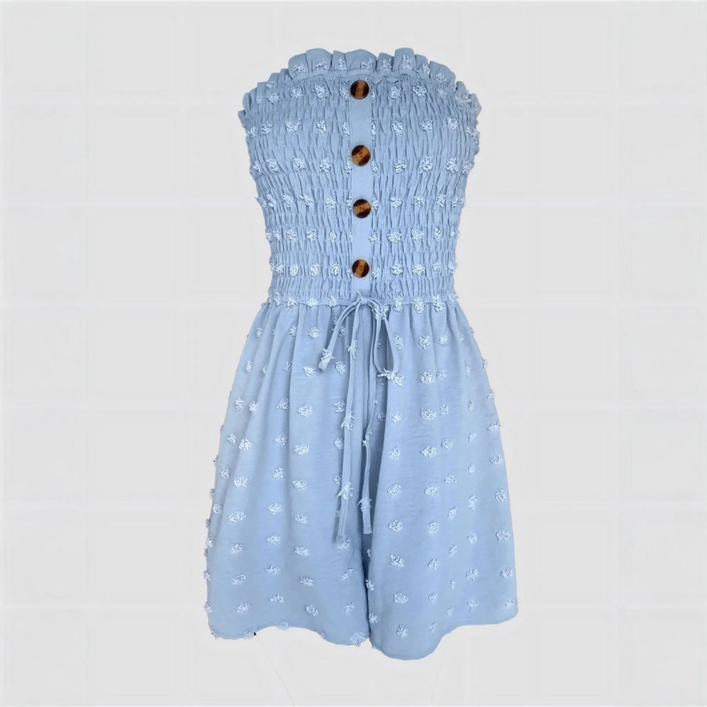 Women's solid colour off-shoulder sleeveless jumpsuit in polyester fabric on a hanger.